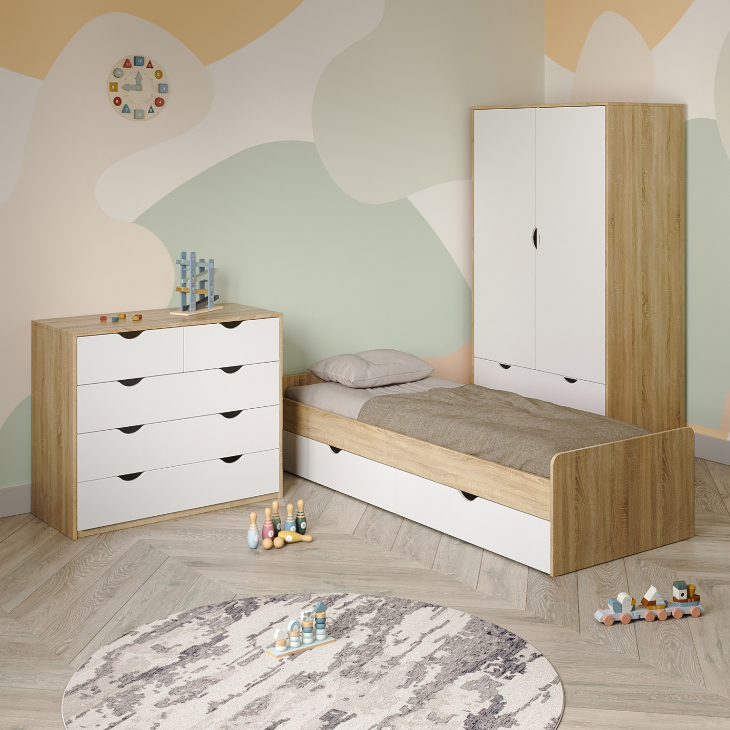 Single bed with pull-out drawers, 1950/860/480mm. (Sonoma Oak/Nymphaea Alba)